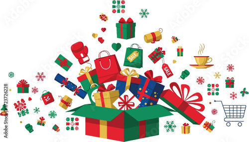 Festive Celebration: An Explosion of Holiday Gifts and Festive Elements from a Box