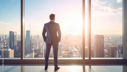Confident executive stands by floor to ceiling window, overlooking vibrant city skyline sunset