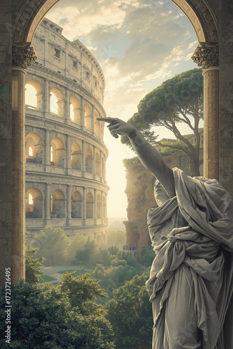 Ancient Roman Colosseum viewed through an arched doorway, with a statue pointing towards the horizon.