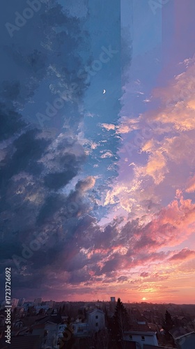 Dramatic sunset sky divided; city in the distance