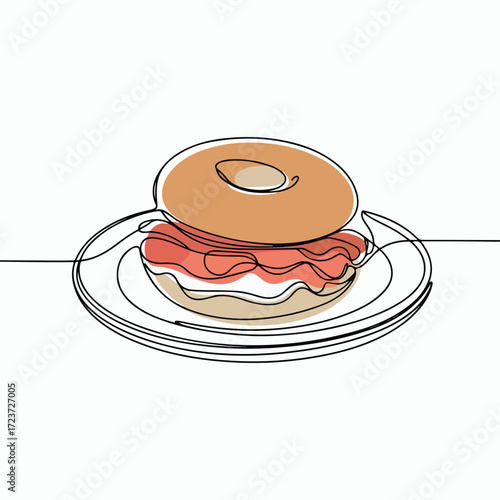 Continuous Simple black line art drawing of a bagel in a minimalist style on a white background.