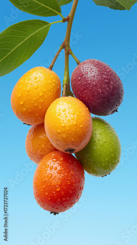 Vibrant cluster of colorful, dew-kissed fruits hanging from a branch against a clear blue sky.