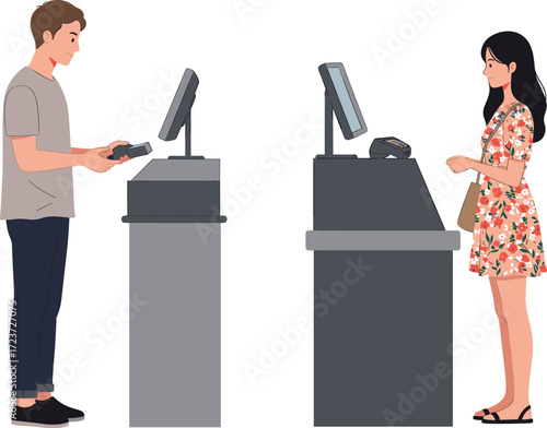 Young man and woman at checkout counter, making payment with card, shopping purchase, retail transaction, modern store cashier process, flat vector illustration