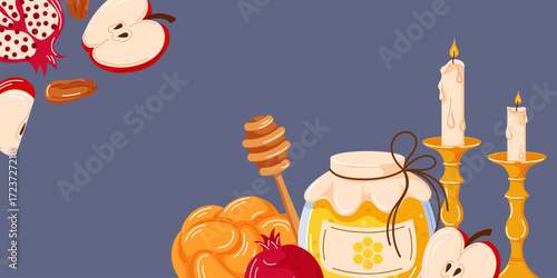 Rosh Hashanah holiday still life with honey jar, apple, pomegranate, challah bread, dates and candle on blue background symbolizing jewish new year celebration in cartoon.