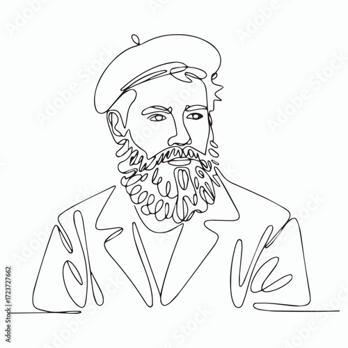 Continuous Simple black line art drawing of a men with beard in a minimalist style on a white background.