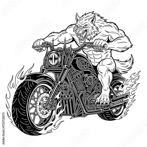 A stylized werewolf riding a custom motorcycle, surrounded by flames.