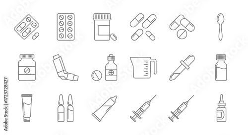 Collection of medical icons, including pills, bottles, syringes, and other healthcare supplies.