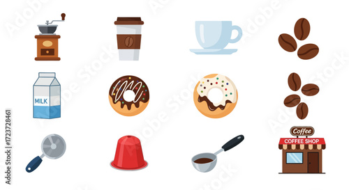 A set of twelve flat design icons representing coffee culture, including a grinder, cup, beans, milk, donuts, and a coffee shop storefront.