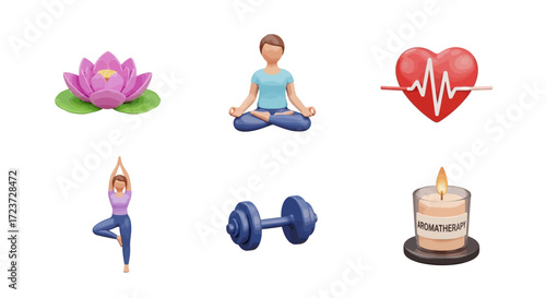 A collection of wellness and health icons featuring a lotus flower, meditating person, heart with heartbeat, yoga pose, dumbbell, and aromatherapy candle.