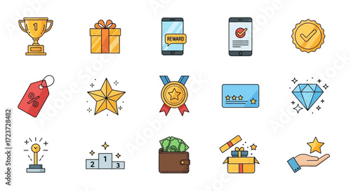 Reward and loyalty program icons: trophy, gift, phone, medal, diamond, money.
