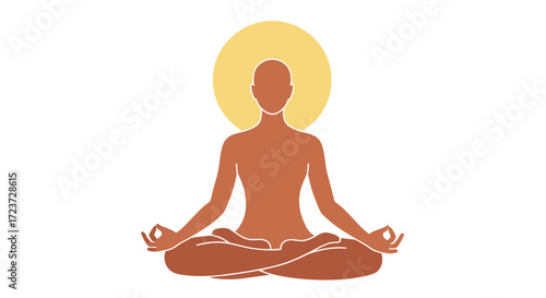 Illustration of a person meditating in the lotus position with a golden halo.