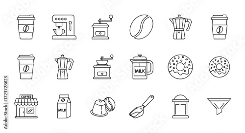 Line art icons of coffee, brewing equipment, and pastries.