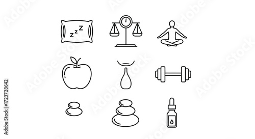 A collection of nine simple line art icons representing health and wellness concepts, including sleep, balance, meditation, healthy eating, and exercise.