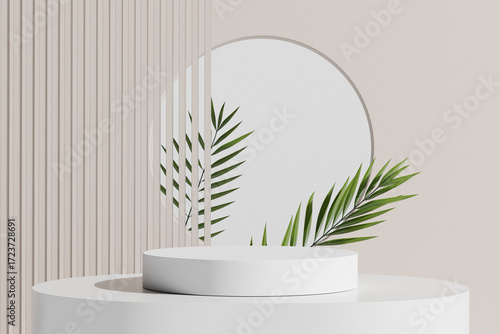 Minimalist white pedestal with tropical leaves and a circular backdrop. 3D Rendering