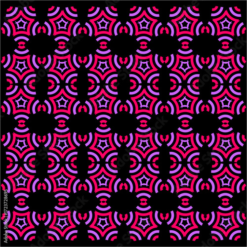 Radiant pink and violet arcs weave with glowing stars, creating a mesmerizing geometric pattern, blending rhythm, symmetry, and vibrance on black canvas.