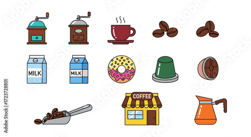 A collection of colorful flat design icons related to coffee, including a grinder, beans, milk, a donut, and a shop.