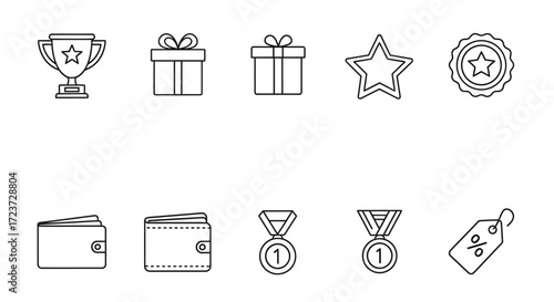 A collection of ten outline icons representing rewards, gifts, and financial items.