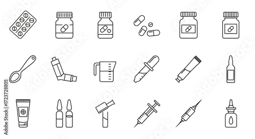 A set of thin line icons representing various forms of medication and pharmaceutical equipment.