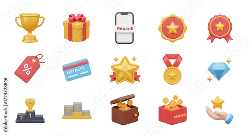 Collection of various 3D rendered reward and achievement icons, perfect for design.