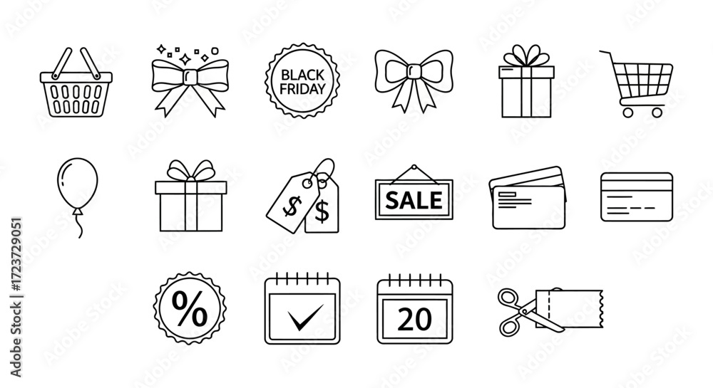 Naklejka premium Collection of outline icons related to shopping, sales, and special events, perfect for design.