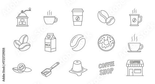 Line art icons of coffee, beans, grinder, shop, and more.