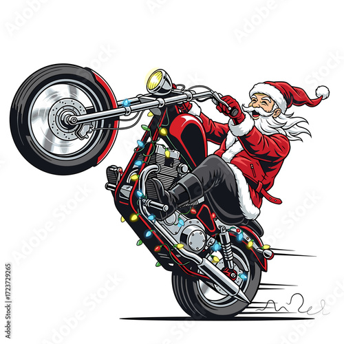 Santa Claus, gleefully riding a decorated chopper motorcycle, performs a wheelie.
