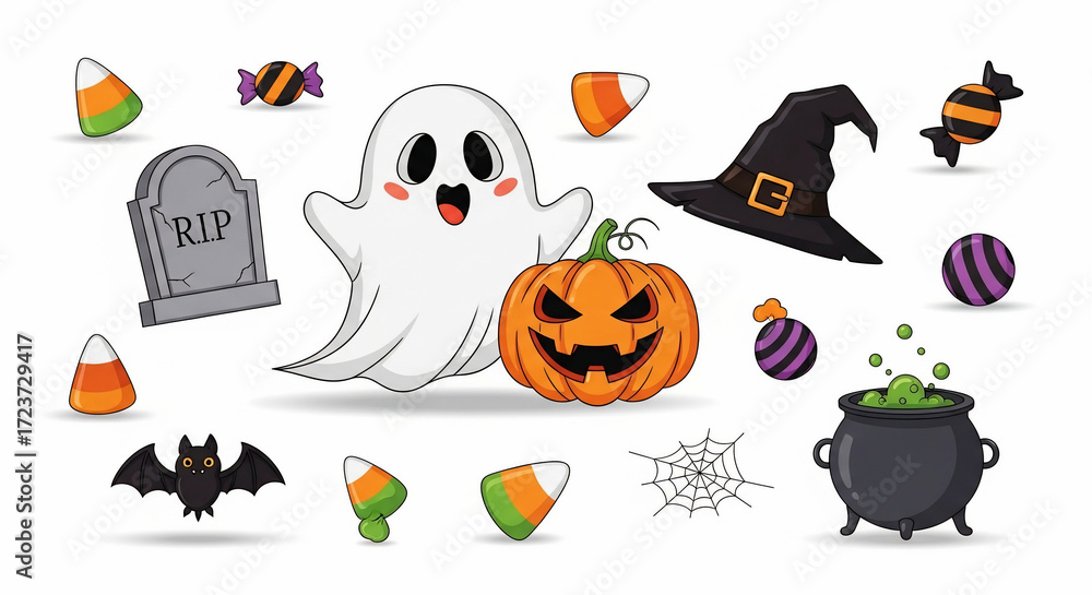 Fototapeta premium Spooky and playful Halloween elements including a friendly ghost, grinning pumpkin, witch hat, tombstone, cauldron, bat, candy, and spiderweb creating a festive and fun holiday atmosphere.