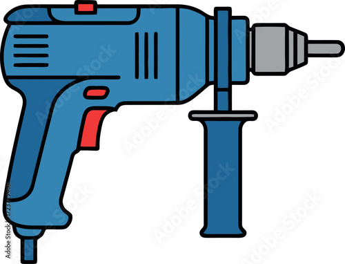 Blue electric drill with handle and chuck, vector illustration of a power tool