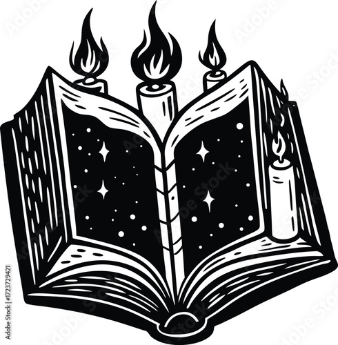halloween spell book open with candles