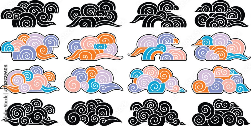 Fototapeta premium Asian Cloud decorative set. japanese chinese clouds – Traditional Decorative Spiral Cloud Motif Vector