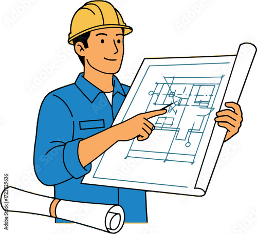 Construction Worker Examining Blueprint - A Detailed Illustration of Planning