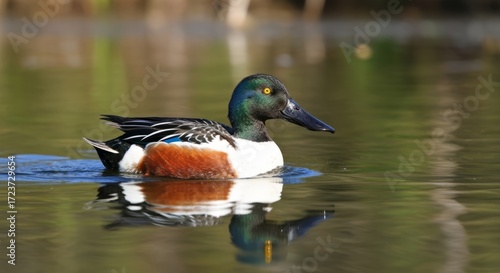 Northern Shoveler duck with iridescent green head glides gracefully on calm water.