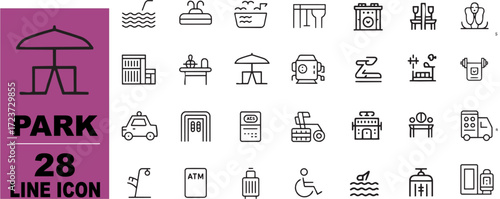 Amusement and Park Outline Icon Set – Playground, Castle, Swing, Trampoline, Sandbox, Slide Vector Collection
