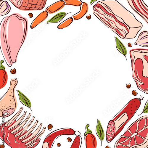 Illustration of assorted meat cuts, sausage, bacon and herbs arranged in a decorative circular frame on a white background in flat style.