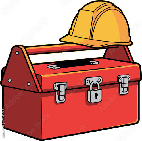 Vector illustration of a red industrial toolbox with a padlock and a yellow safety hard hat, representing construction work and equipment