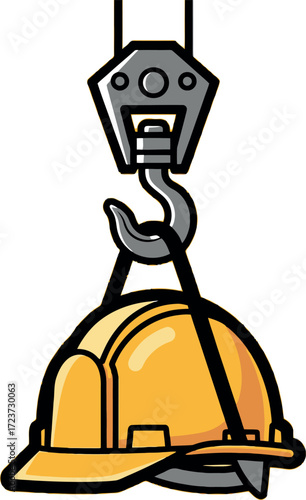 Industrial safety concept showing a yellow construction hard hat suspended from a heavy-duty crane hook, a vector asset for building themes