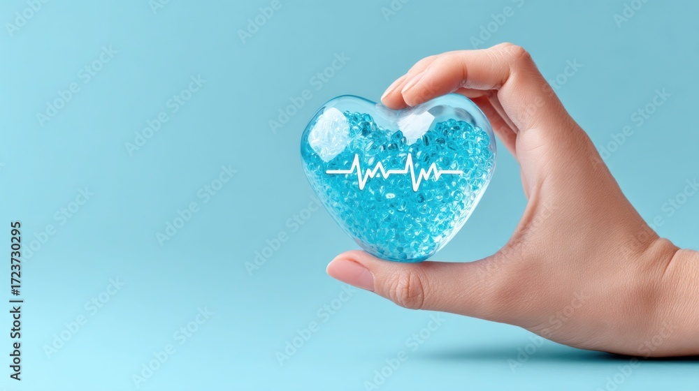 Obraz premium A hand gently holds a transparent heart filled with blue beads, featuring an electrocardiogram symbol.