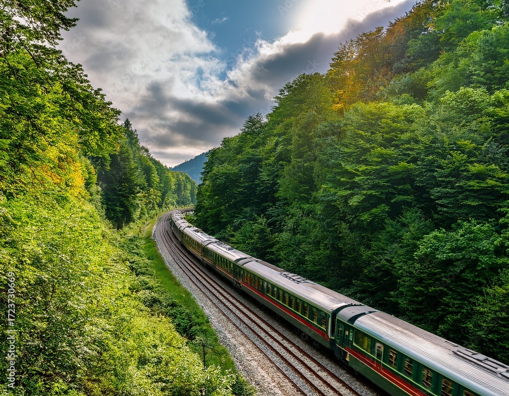 Fototapeta premium scenic railway travels through lush green forests showcasing beautiful contrast between vibrant foliage and sleek train atmosphere is serene and inviting perfect for tourism