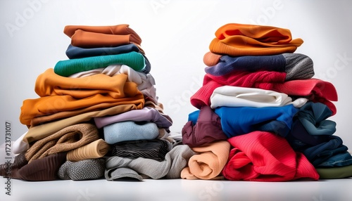 two vibrant piles of clothes frame the white backdrop showcasing donations and recycling efforts for a cleaner wardrobe