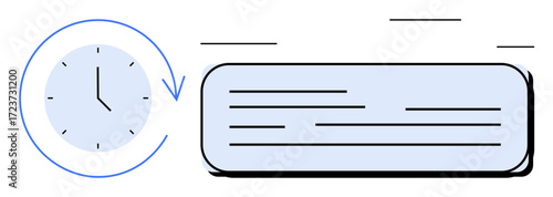 Clock with arrow representing time flow beside structured task list with lines. Ideal for efficiency, productivity, reminders, routine planning, organization, workflow, simple flat metaphor