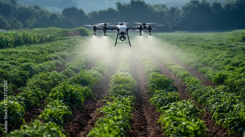 Modern industrialized agriculture using technology , a drone fly over crops field spraying organic compound or pesticide 