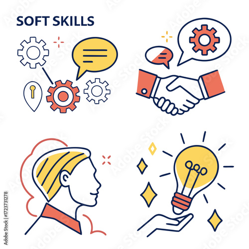 Soft skills concept with gears, speech bubble, handshake, light bulb