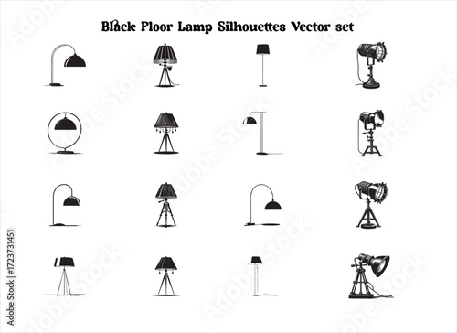 Elegant Black Floor Lamp Vector Set Featuring Arc, Tripod, and Modern Spotlight Silhouettes