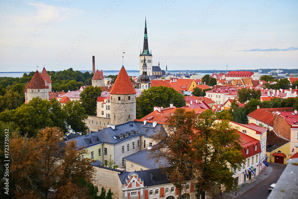 Fototapeta premium Scenic view of the old town in Tallinn, Estonia. Old Town of Tallinn preserved its Medieval origin, most of the buildings were built during 13-16 centuries.