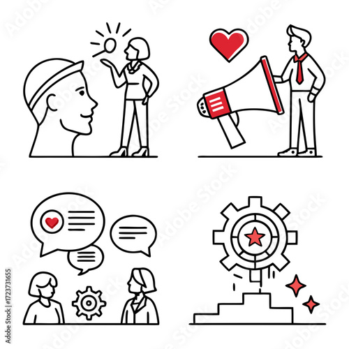 Line art illustrations of business and personal development on