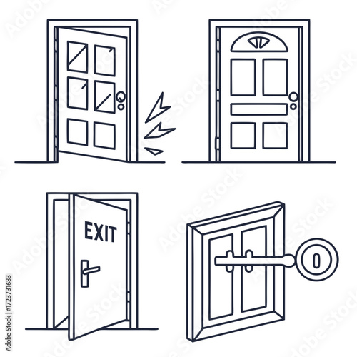 Line art illustration of four doors with various designs on