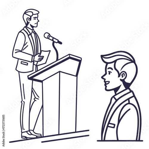 Line art illustration of a man giving a speech