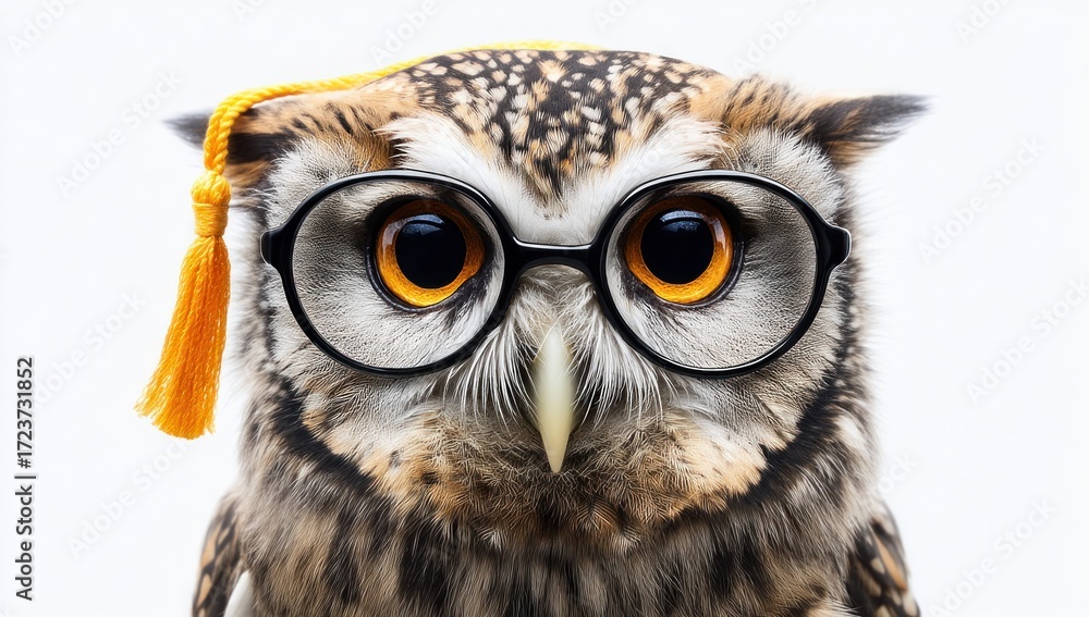 Obraz premium A charming owl, adorned with spectacles and a graduation cap, embodies wisdom and learning, set against a clean white backdrop.