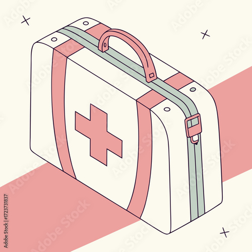 Isometric first aid kit with a pink cross