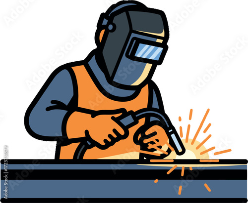 An isolated vector graphic asset of an industrial welder in a protective mask using a torch to join metal beams